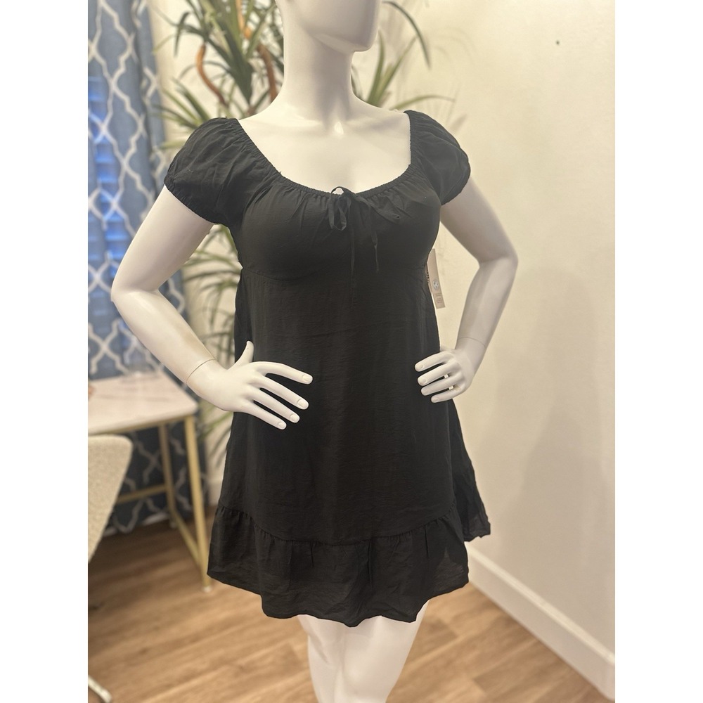 No Boundaries Prairie Peasant Dress Women L 9/10 Tiered Mini Puff Sleeve Black